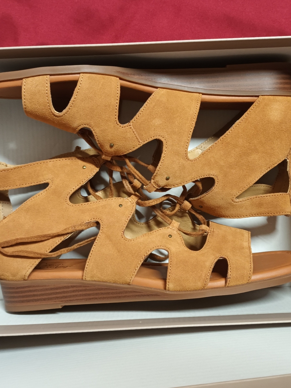 Crown Vintage Women’s Suede Lace-Up Sandals in Camel Brown